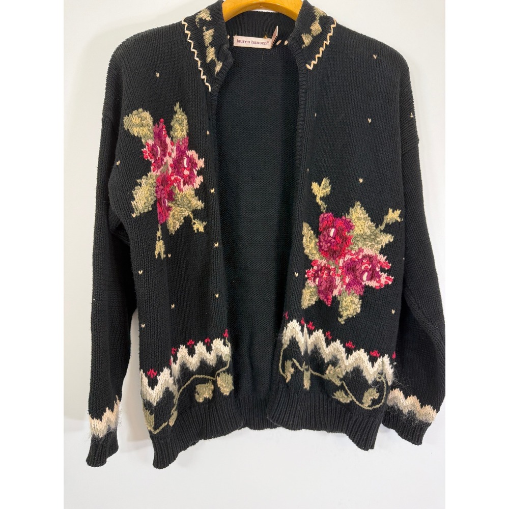 Vtg 90s Lauren Hansen Floral Cardigan Sweater Womens L Black Cottagecore Zip Up